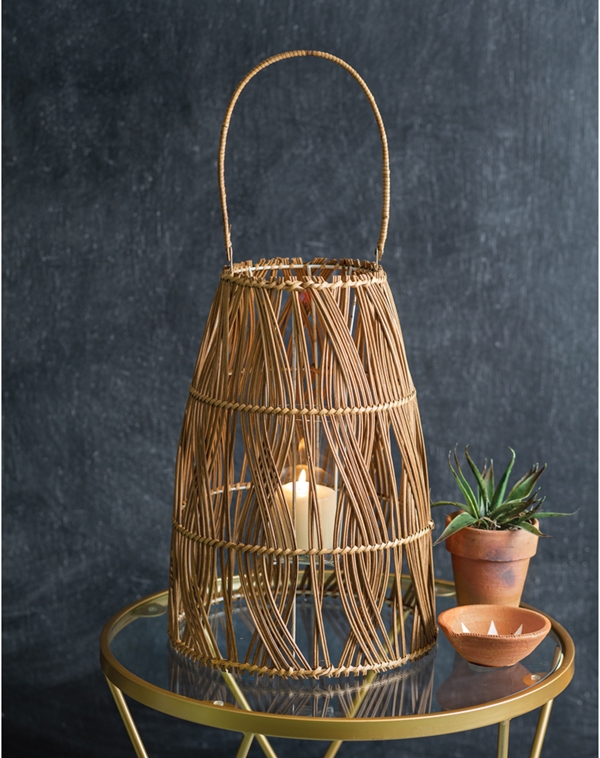 CTW Home Collection Large Rattan Bungalow Lantern with Glass Chimney