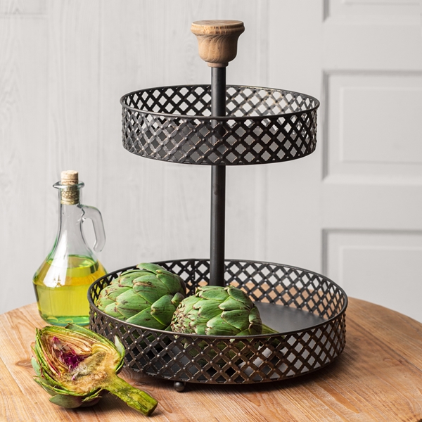 CTW Home Collection Two-Tier Perforated Diamonds Black Metal Stand