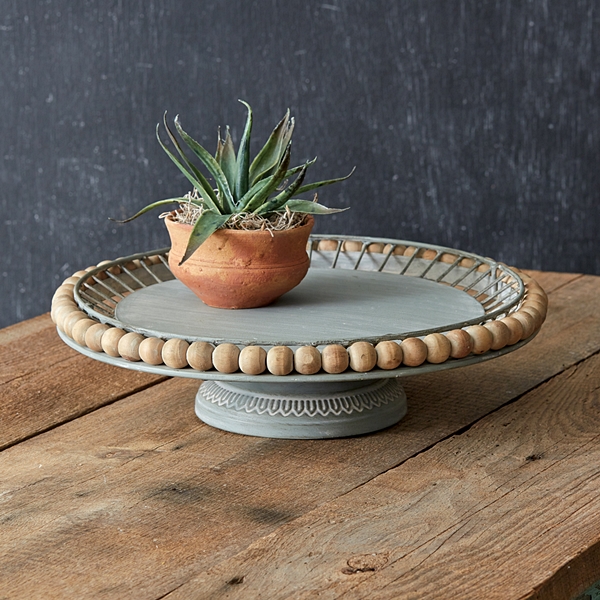 CTW Home Collection Metal Cake Stand with Boho Wood Ball Rim