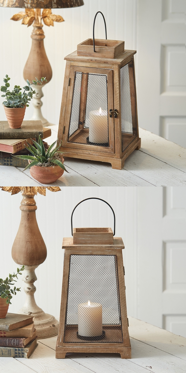 CTW Home Collection Tapered Sandalwood Lantern with Metal Mesh Panels