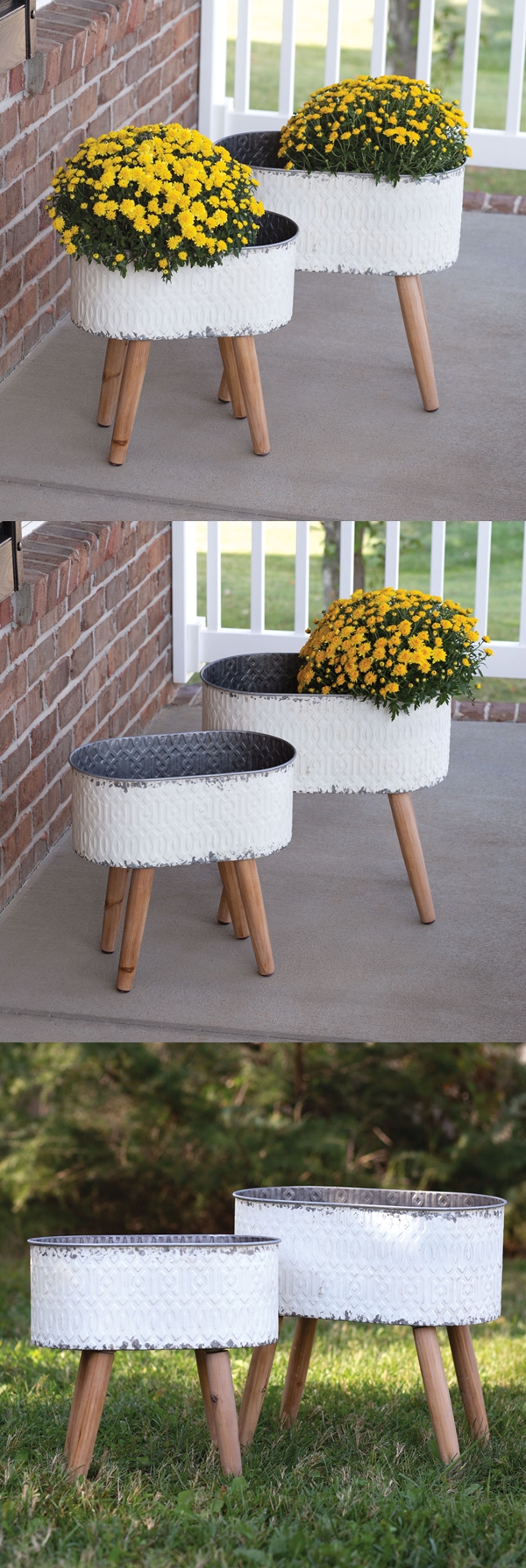 CTW Home Collection Embossed Whitewashed-Metal Planters with Wood Legs
