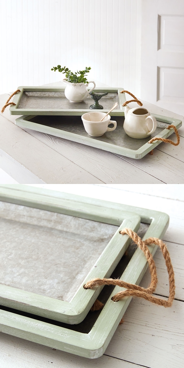 CTW Home Collection Set of Two Jade Galvanized Trays with Rope Handles