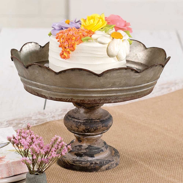 CTW Home Collection Scalloped-Edge Galvanized-Metal & Wood Cake Stand