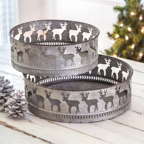 CTW Home Collection Set of Two Round Cutout Reindeer Motif Metal Trays