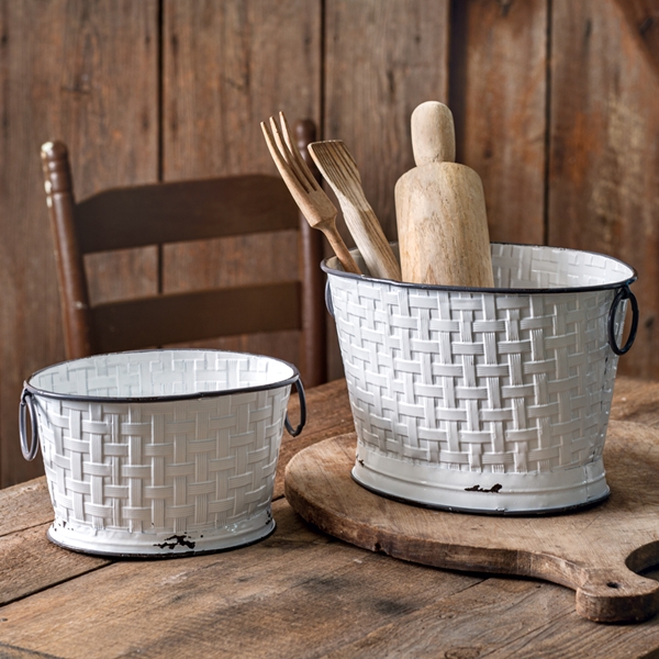 CTW Home Collection Set of Enameled-Metal Basket-Weave Oval Buckets