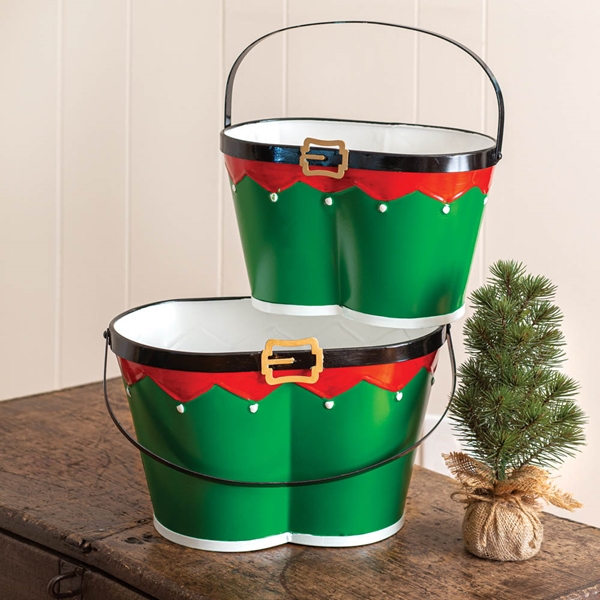 CTW Home Collection Set of 2 Holiday Elf Pants Enameled-Metal Buckets