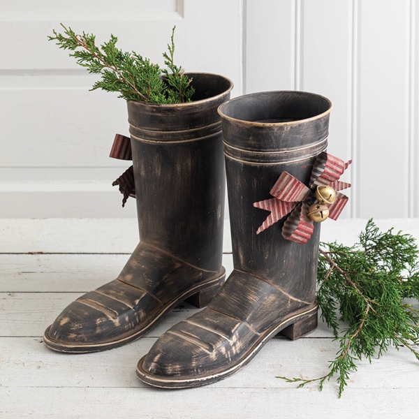 CTW Home Collection Set of Two Metal Santa Boots with Bows and Bells