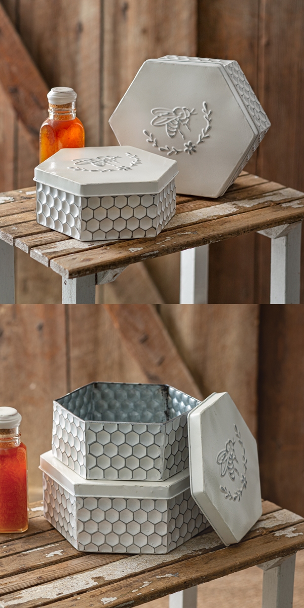 CTW Home Collection Set of Two Hexagon-Shaped Enameled-Metal Bee Boxes