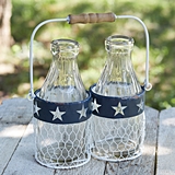 CTW Home Collection Americana Metal Caddy with 2 Glass Milk Bottles