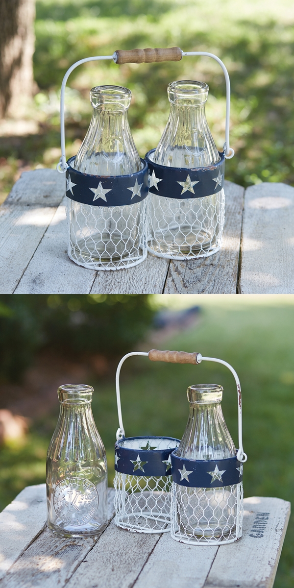 CTW Home Collection Americana Metal Caddy with 2 Glass Milk Bottles