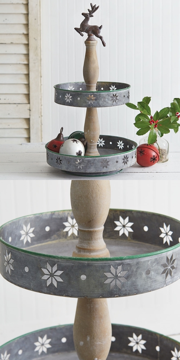 CTW Home Collection Snowflake Motif Reindeer-Topped Two-Tiered Metal Tray