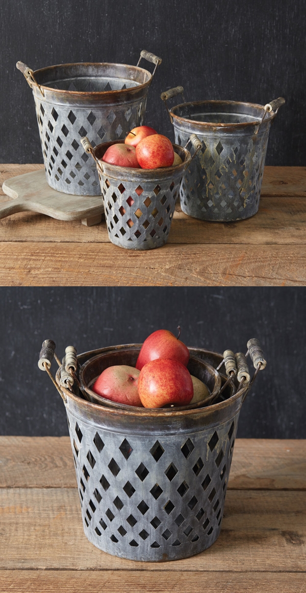 CTW Home Collection Set of Three Rustic Open Weave Metal Buckets