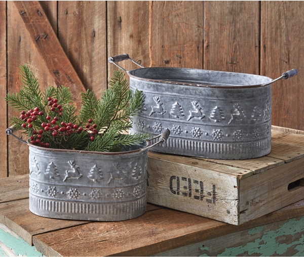 CTW Home Collection Set of Two Embossed-Metal Oval Christmas Buckets