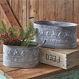 CTW Home Collection Set of Two Embossed-Metal Oval Christmas Buckets