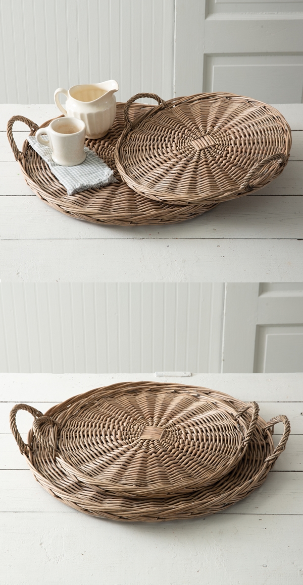 CTW Home Collection Set of Two Large Round Wicker Trays with Handles