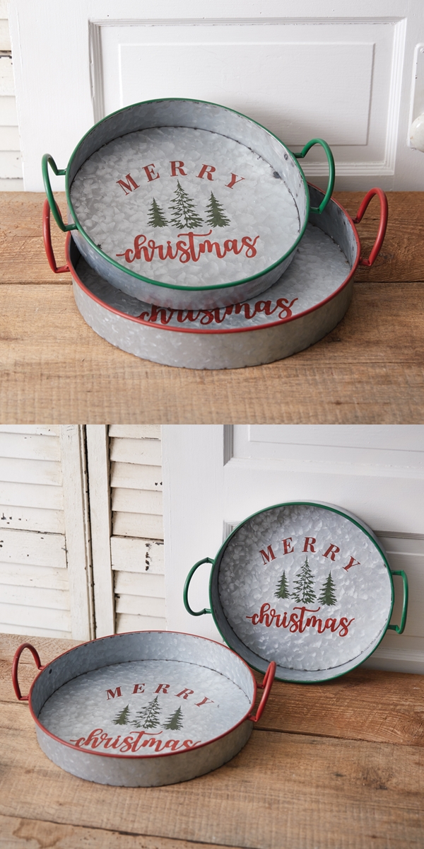 CTW Home Collection Set of Two Galvanized-Metal Merry Christmas Trays