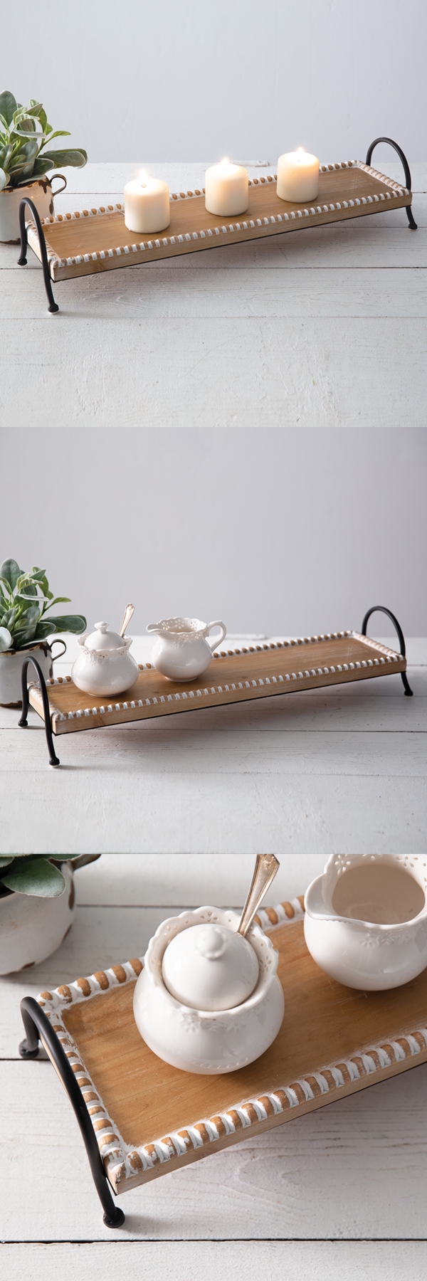 CTW Home Collection Wood Tray with Beaded Edges and Metal Handles