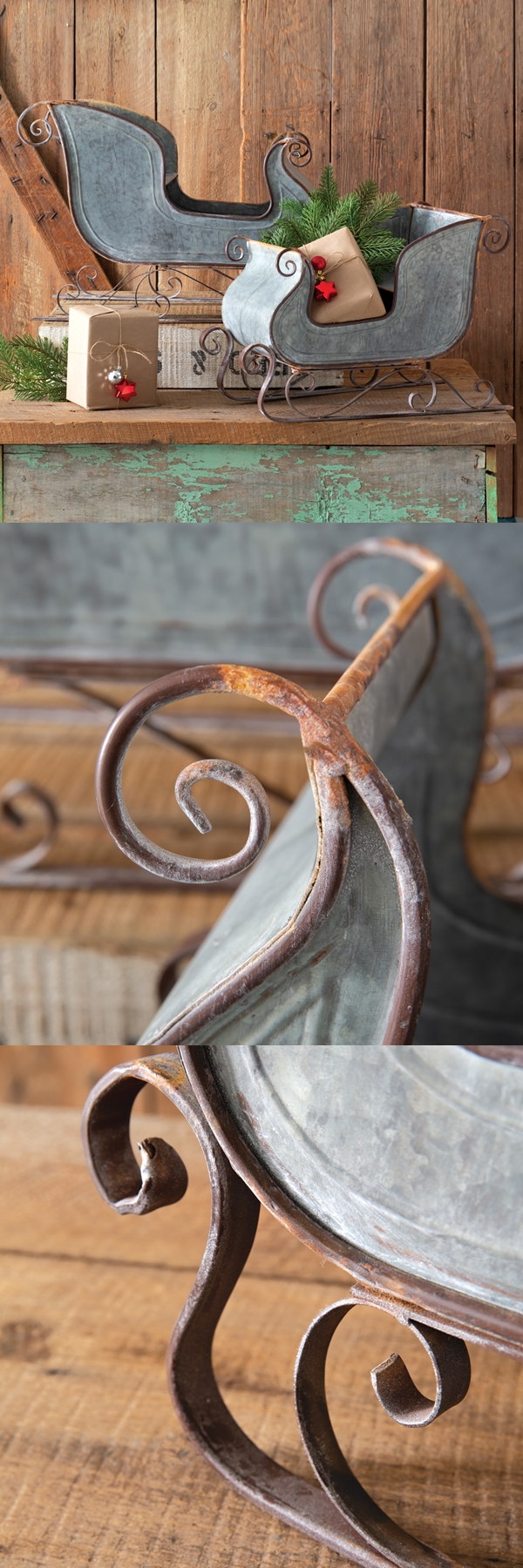 CTW Home Collection Set of Two Distressed Galvanized-Metal Sleighs