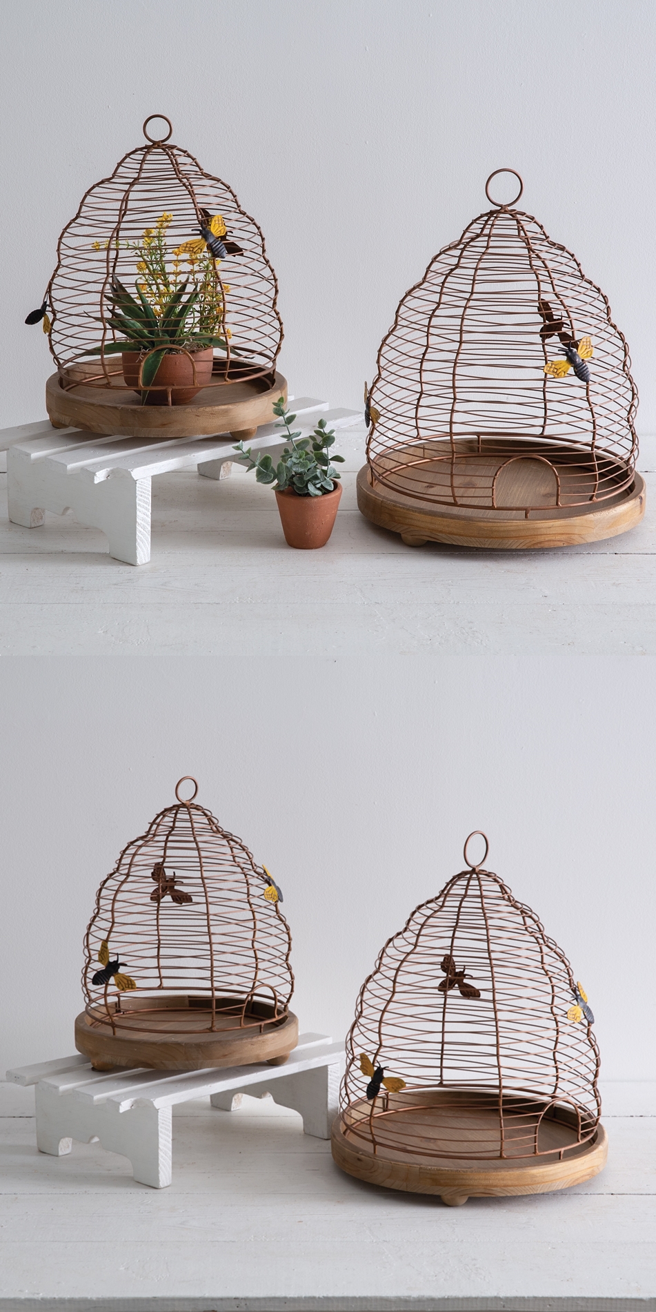 CTW Home Collection Set of Two Wire Beehive Cloches with Wood Bases