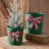CTW Home Collection Set of Two Green-Metal Christmas Buckets with Bows