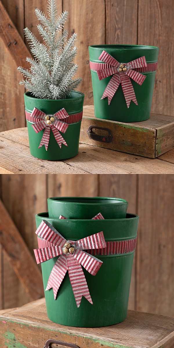 CTW Home Collection Set of Two Green-Metal Christmas Buckets with Bows