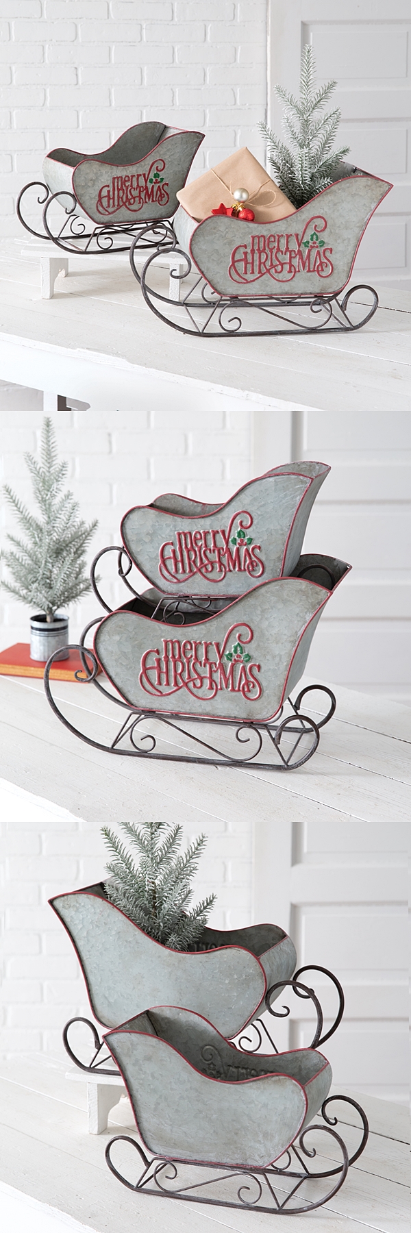 CTW Home Collection Set of Two Tabletop Galvanized Christmas Sleighs