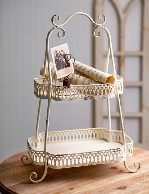 CTW Home Collection Antiqued-White-Metal Two-Tier Chantilly Tray