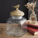 CTW Home Collection Ribbed Glass Container with Gold-Metal Songbird Lid