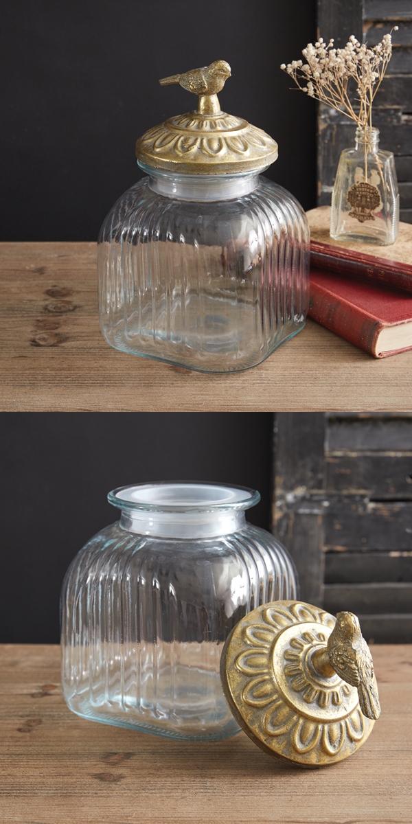 CTW Home Collection Ribbed Glass Container with Gold-Metal Songbird Lid