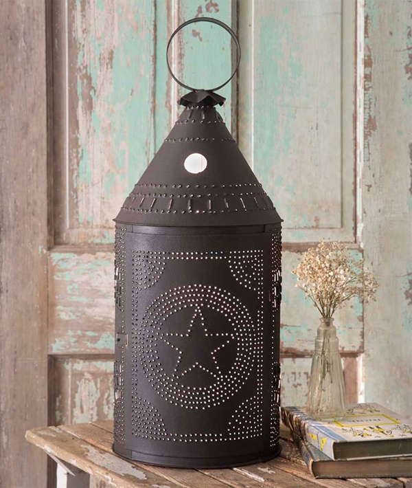 Two Foot Tall Star Motif Paul Revere Brown Punched-Tin Candle Lantern