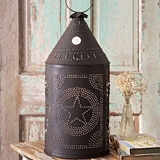 Two Foot Tall Star Motif Paul Revere Brown Punched-Tin Candle Lantern