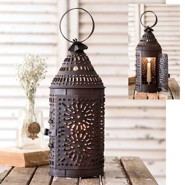 Paul Revere Rustic Brown Punched-Tin Candle Lantern with Hinged Door