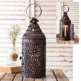 Paul Revere Rustic Brown Punched-Tin Candle Lantern with Hinged Door