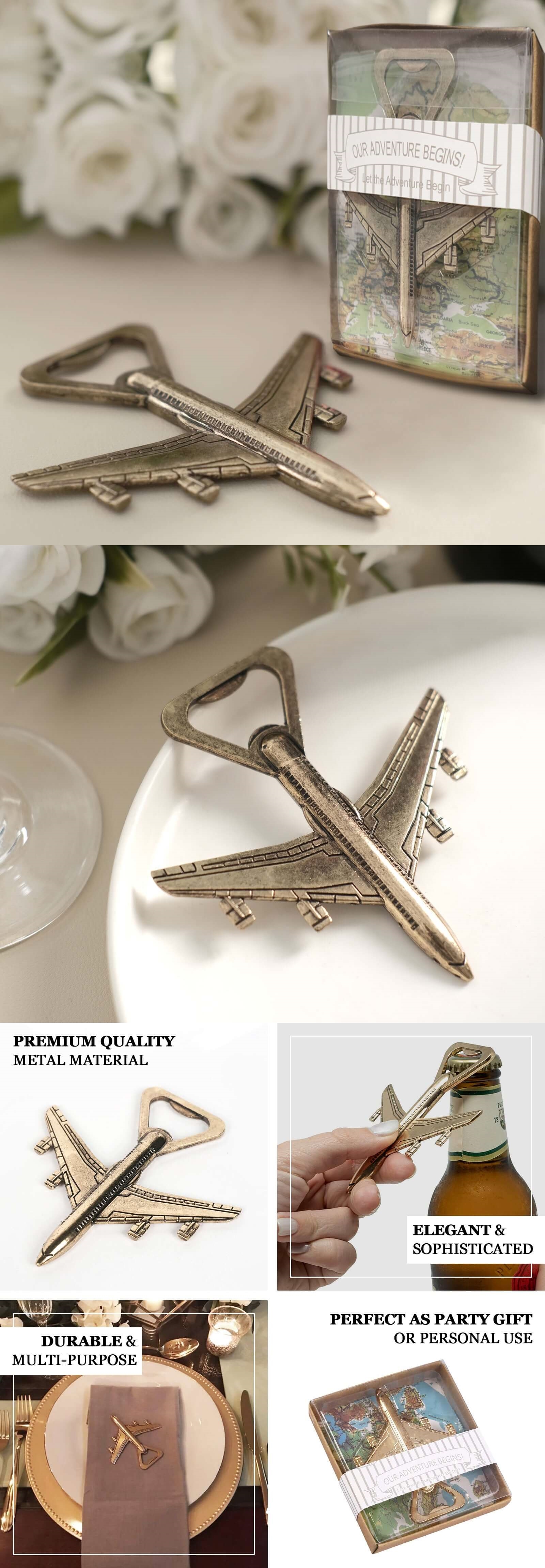 "Our Adventure Begins" Antique Gold-Colored Metal Airplane Bottle Opener