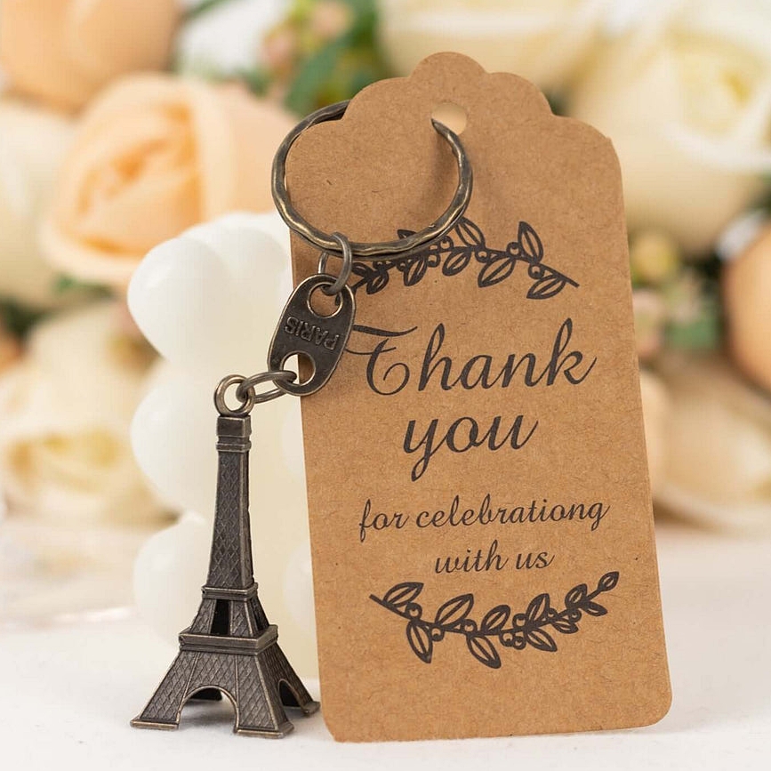 Bronze-Plastic Key Chains with Eiffel Tower Charms and Thank You Tags (Set of 10)