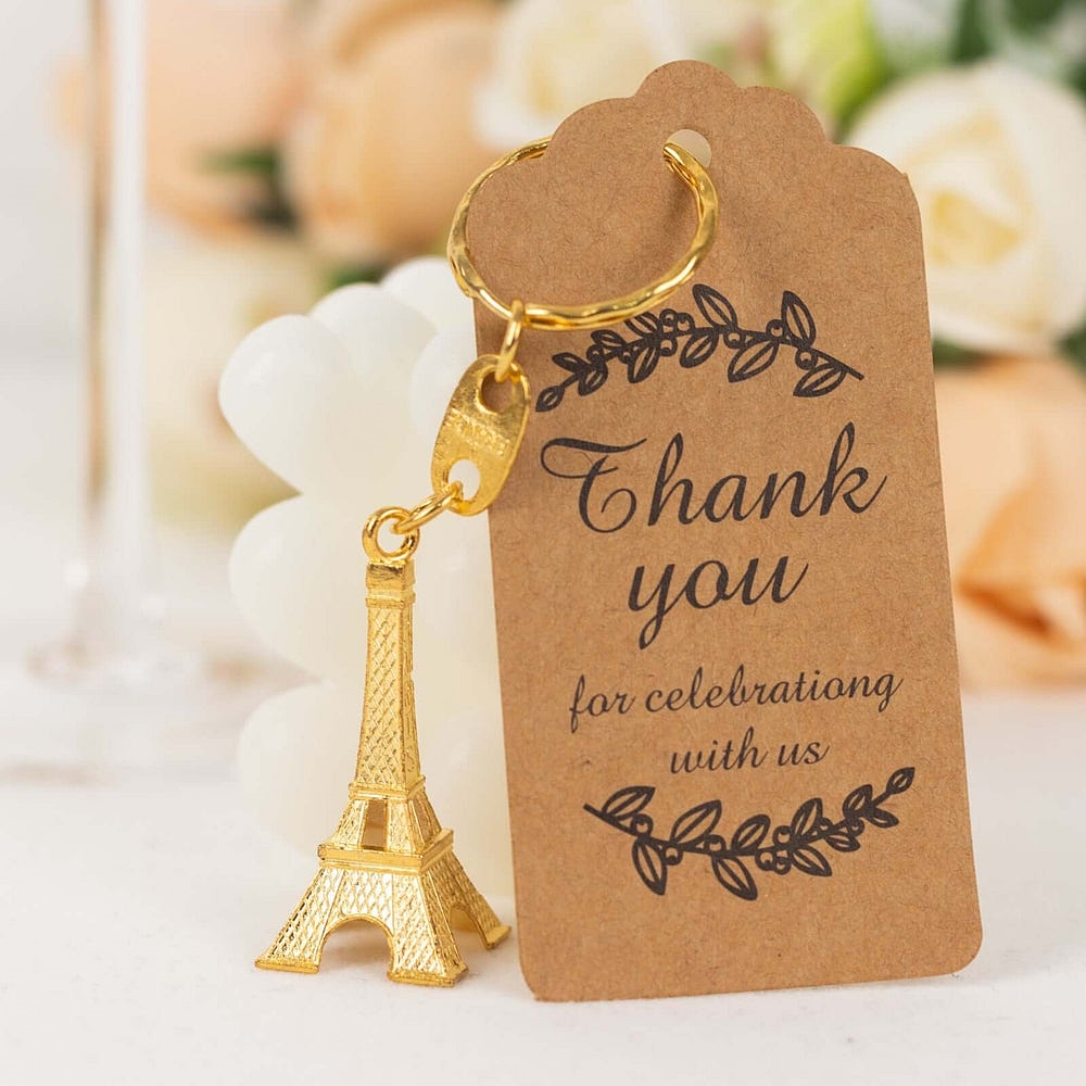 Gold-Plastic Key Chains with Eiffel Tower Charms and Thank You Tags (Set of 10)