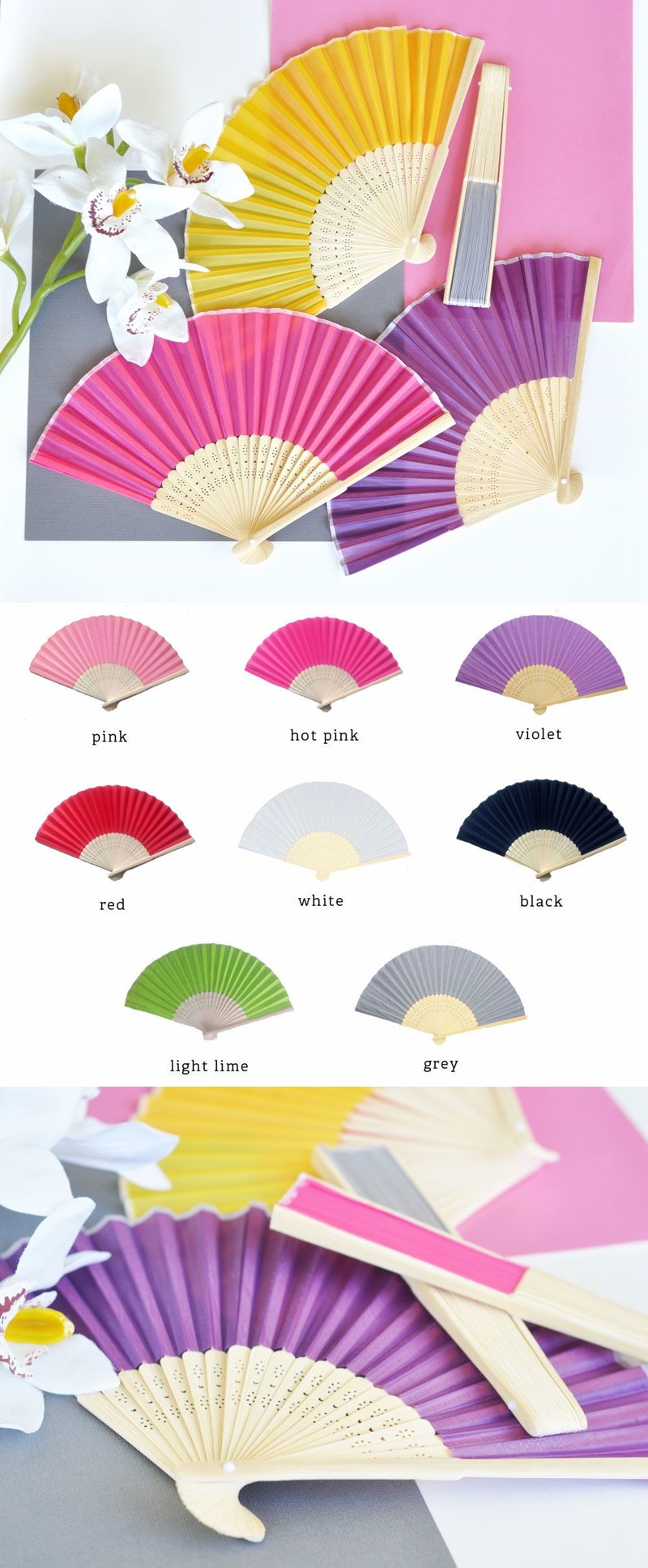 Vibrantly-Colored Silk Fans with Bamboo Stems (12 Colors)