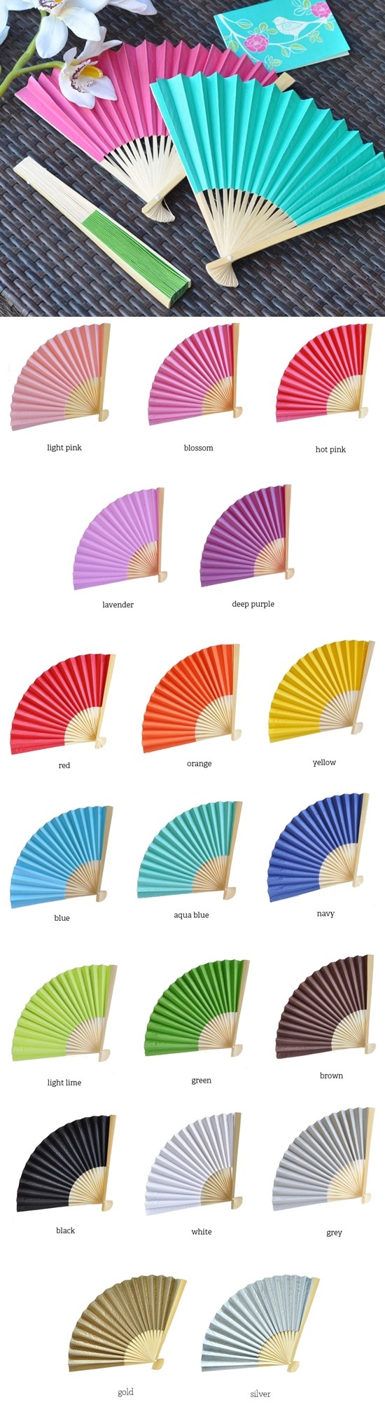 Event Blossom Vibrantly-Colored Paper Fans (19 Colors)