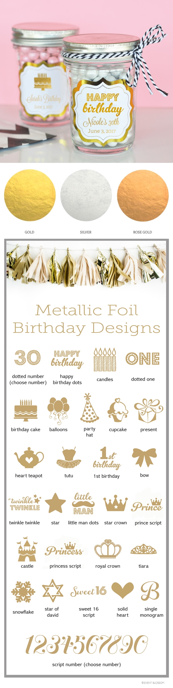 Event Blossom Personalized Metallic Foil Birthday Party Mini Mason Jar