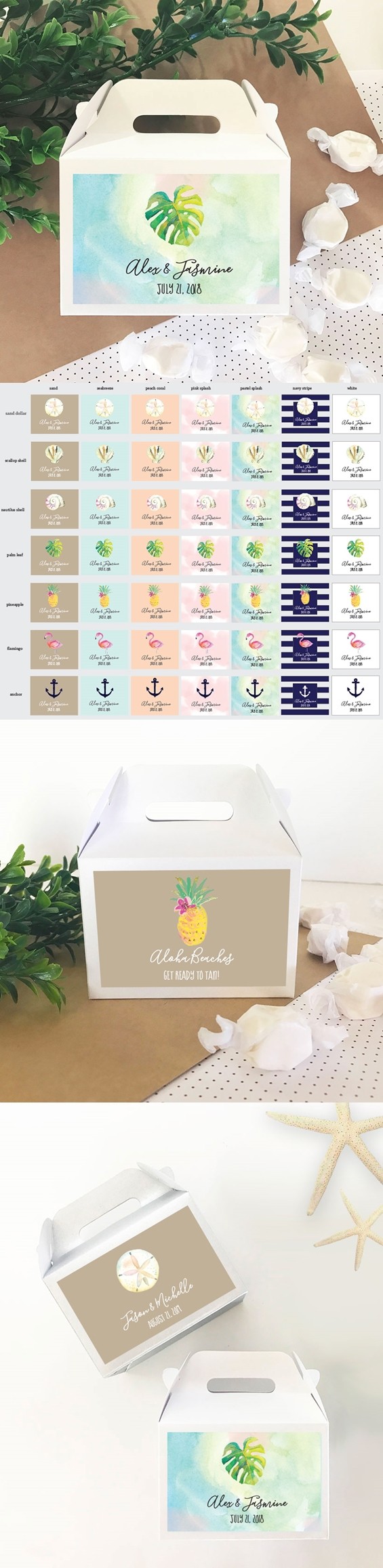 Personalized Mini Gable Boxes with Tropical Beach Designs (Set of 12)