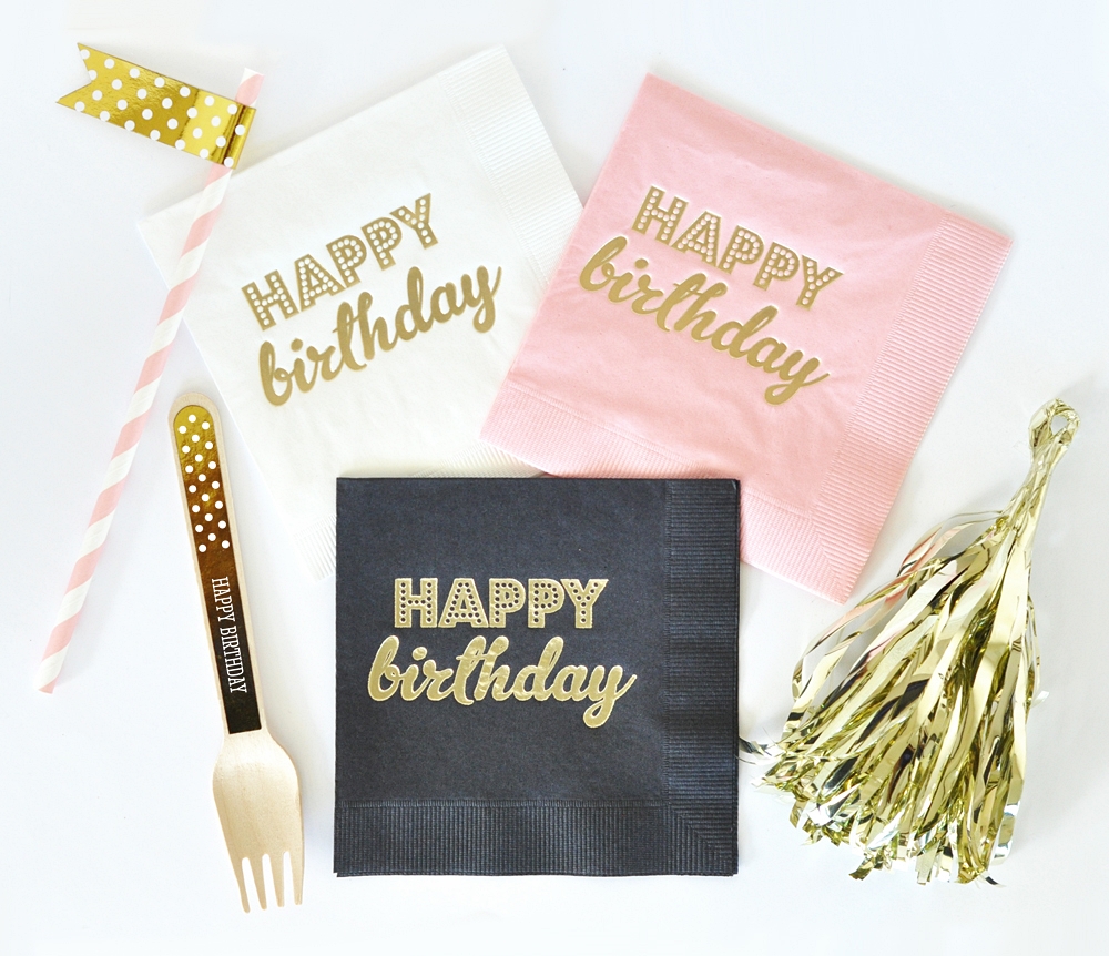 Gold-Stamped HAPPY BIRTHDAY Party Napkins (3 Colors) (Set of 25)