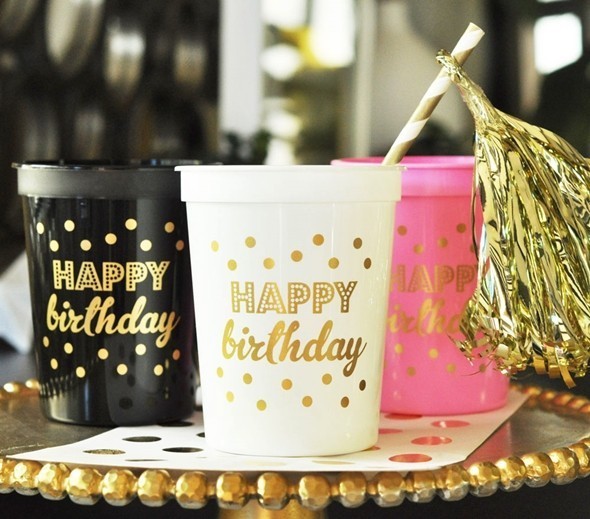 Gold-Printed HAPPY BIRTHDAY Plastic Party Cups (3 Colors) (Set of 25)