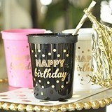 Gold-Printed HAPPY BIRTHDAY Plastic Party Cups (3 Colors) (Set of 25)