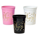 Gold-Printed CHEERS Plastic Party Cups (3 Colors) (Set of 25)