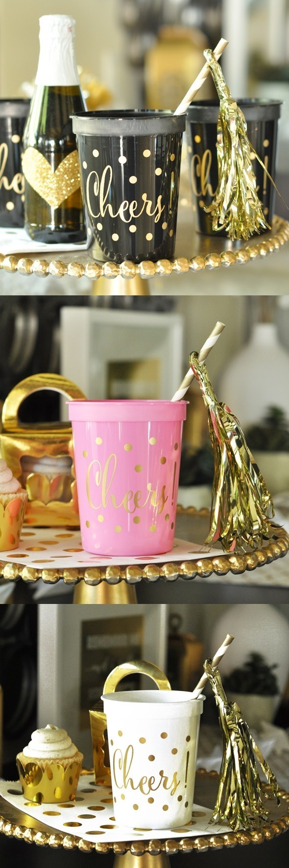 Gold-Printed CHEERS Plastic Party Cups (3 Colors) (Set of 25)