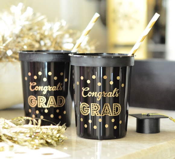 Gold & Black Graduation BPA-Free Plastic Party Cups (Set of 25)