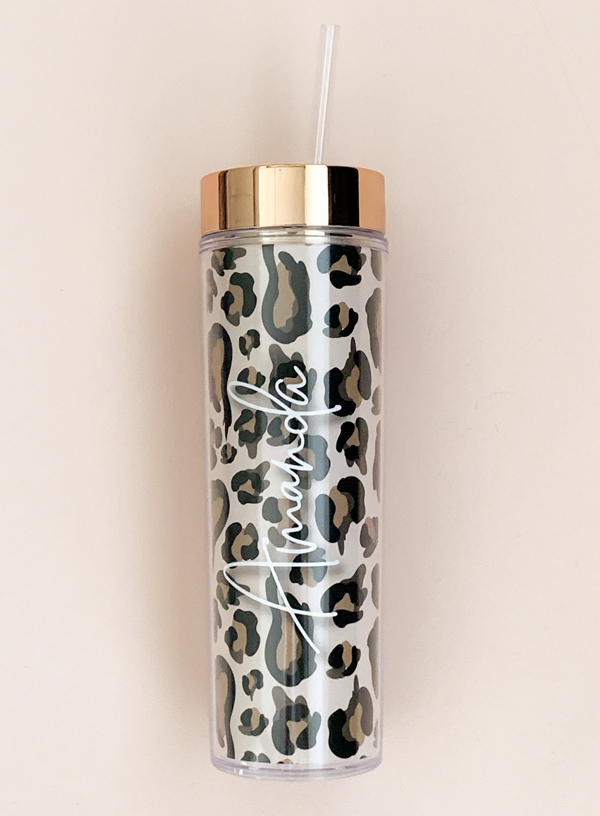 Event Blossom Personalized Leopard Print Tumbler with Lid & Straw