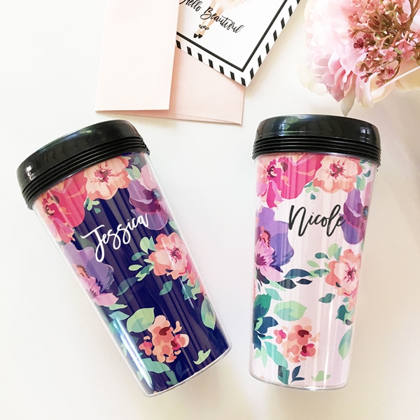 Event Blossom Floral Coffee Tumbler with Name in Modern Script