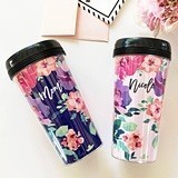 Event Blossom Floral Coffee Tumbler with Name in Modern Script