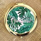 Event Blossom Palm Leaf Compact Mirror with Pretty Pink Script Name